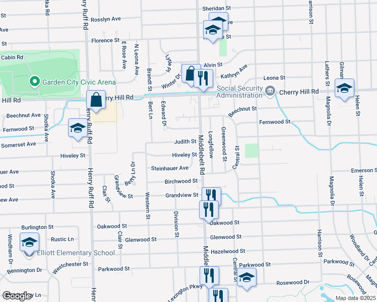map of restaurants, bars, coffee shops, grocery stores, and more near 29430 Hiveley Street in Inkster