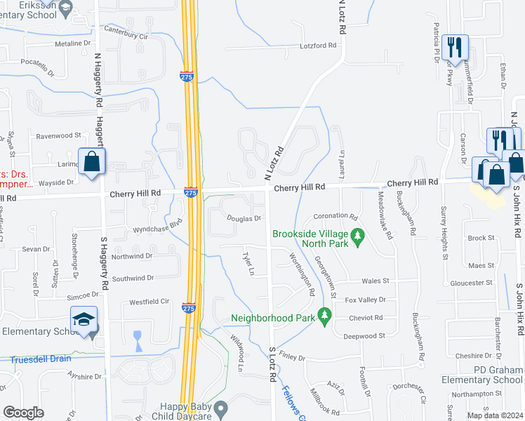 map of restaurants, bars, coffee shops, grocery stores, and more near 40452 Douglas Drive in Canton