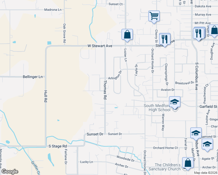 map of restaurants, bars, coffee shops, grocery stores, and more near 1519 Thomas Road in Medford