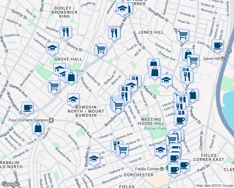 map of restaurants, bars, coffee shops, grocery stores, and more near 102 Clarkson Street in Boston