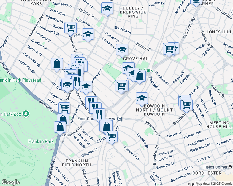 map of restaurants, bars, coffee shops, grocery stores, and more near 151 Stanwood Street in Boston
