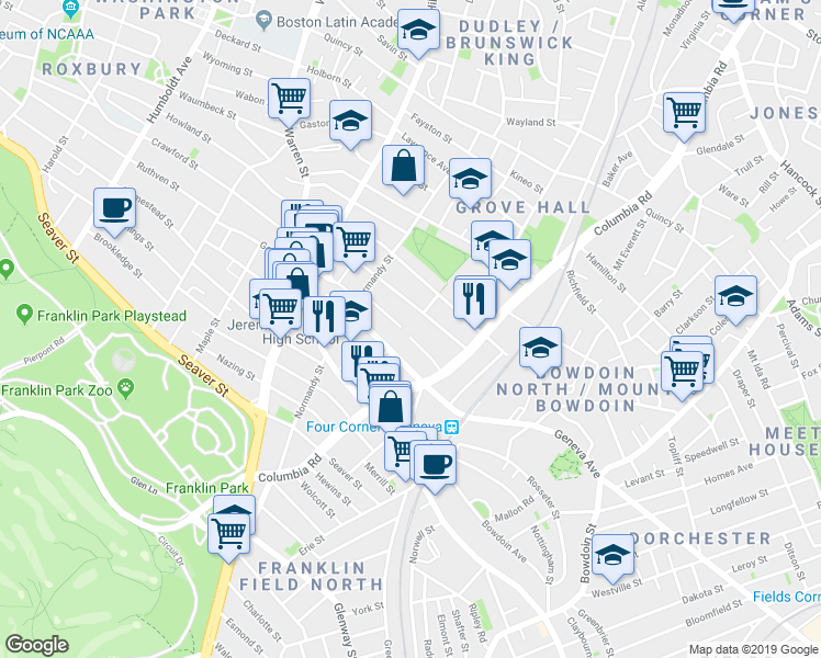 map of restaurants, bars, coffee shops, grocery stores, and more near 34 Oldfields Road in Boston