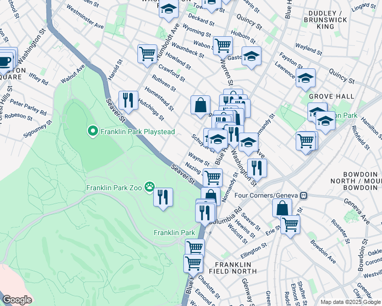 map of restaurants, bars, coffee shops, grocery stores, and more near 38 Wayne Street in Boston
