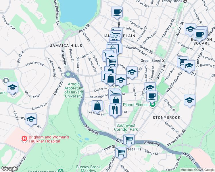 map of restaurants, bars, coffee shops, grocery stores, and more near 15 Custer Street in Boston