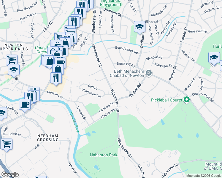 map of restaurants, bars, coffee shops, grocery stores, and more near 374 Winchester Street in Newton
