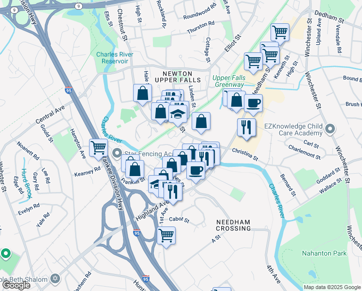 map of restaurants, bars, coffee shops, grocery stores, and more near 45 Butts Street in Newton