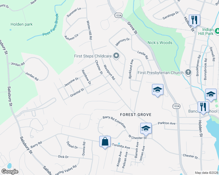 map of restaurants, bars, coffee shops, grocery stores, and more near 6 Trevor Lane in Worcester