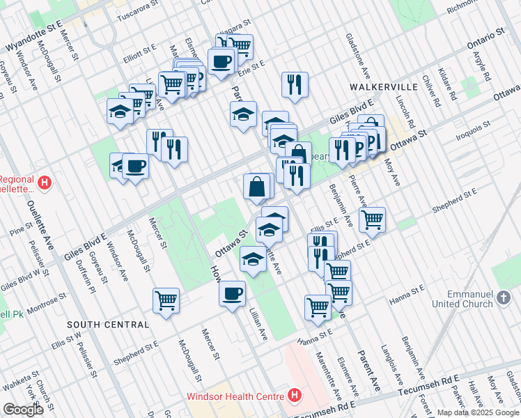 map of restaurants, bars, coffee shops, grocery stores, and more near 808 Ottawa Street in Windsor