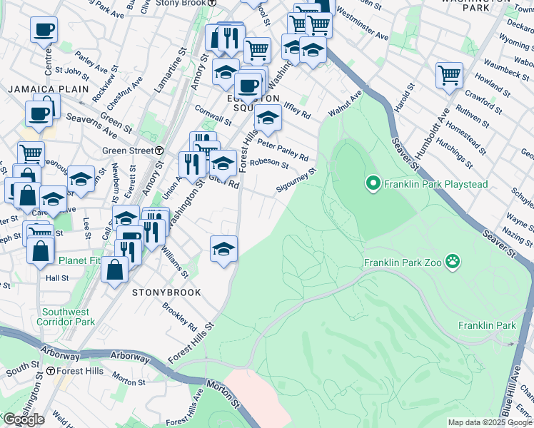 map of restaurants, bars, coffee shops, grocery stores, and more near 17 Glade Avenue in Boston