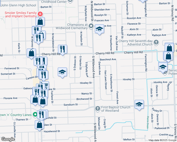 map of restaurants, bars, coffee shops, grocery stores, and more near 333 South Byfield Street in Westland