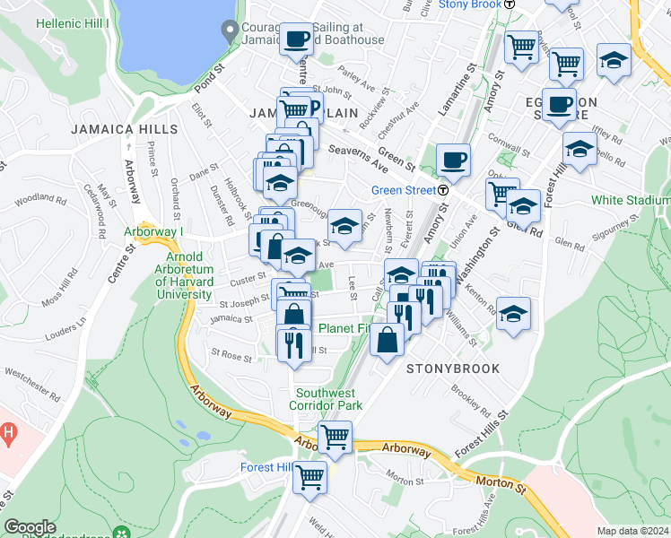 map of restaurants, bars, coffee shops, grocery stores, and more near 75 Carolina Ave in Jamaica Plain