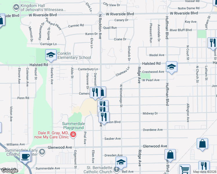 map of restaurants, bars, coffee shops, grocery stores, and more near 2415 Jonathan Avenue in Rockford
