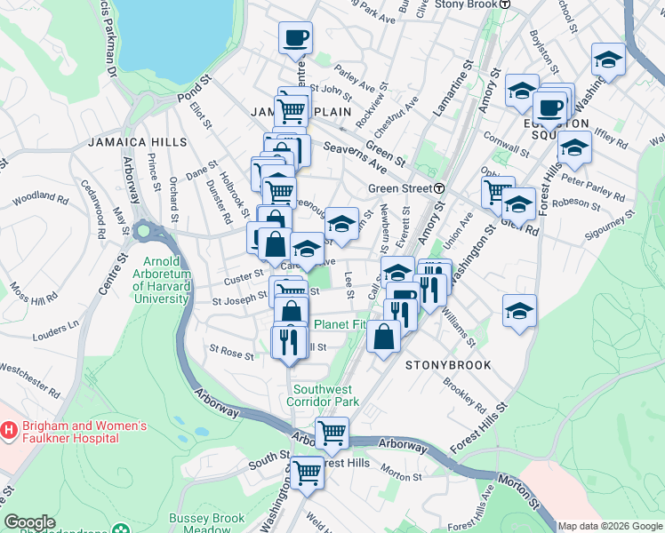 map of restaurants, bars, coffee shops, grocery stores, and more near 75 Carolina Avenue in Boston