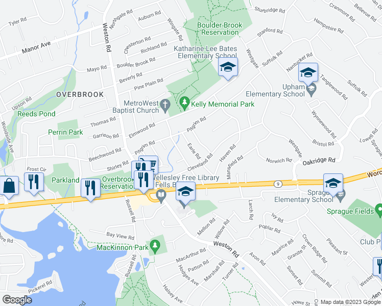 map of restaurants, bars, coffee shops, grocery stores, and more near 34 Earle Road in Wellesley