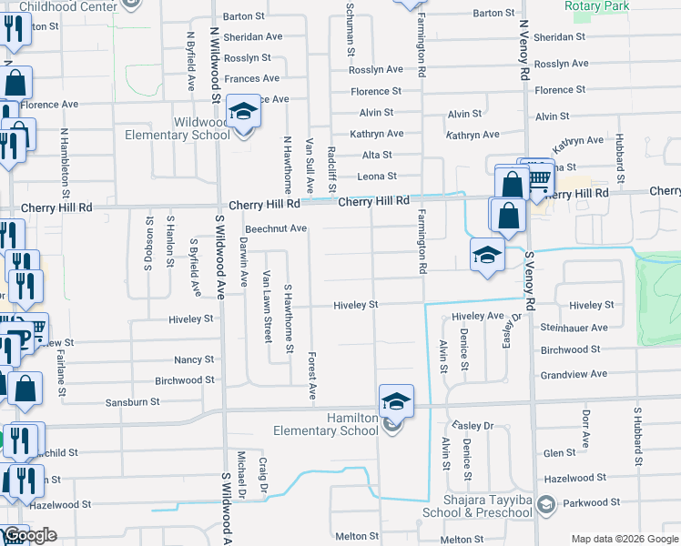map of restaurants, bars, coffee shops, grocery stores, and more near 33714 Somerset Street in Westland