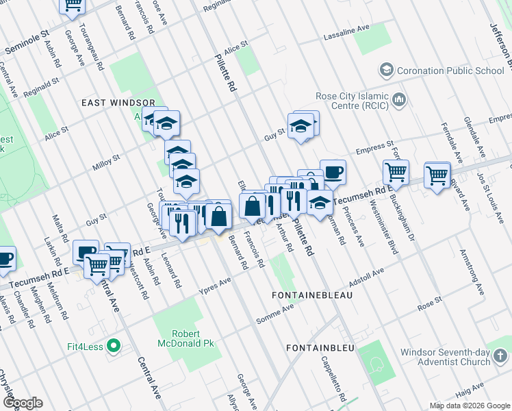 map of restaurants, bars, coffee shops, grocery stores, and more near 1978 Ellrose Avenue in Windsor