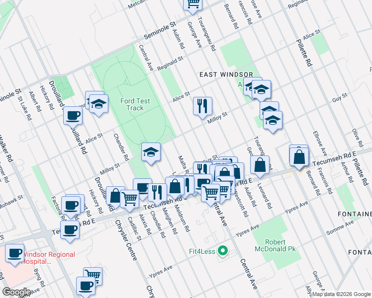 map of restaurants, bars, coffee shops, grocery stores, and more near in Windsor