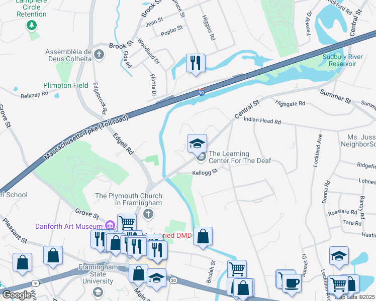map of restaurants, bars, coffee shops, grocery stores, and more near 933 Central Street in Framingham