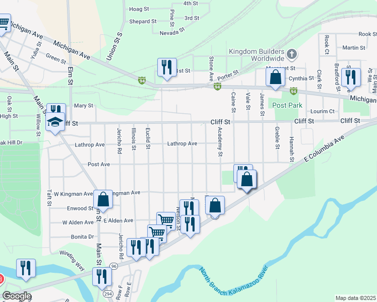map of restaurants, bars, coffee shops, grocery stores, and more near 56 Marjorie Street in Battle Creek