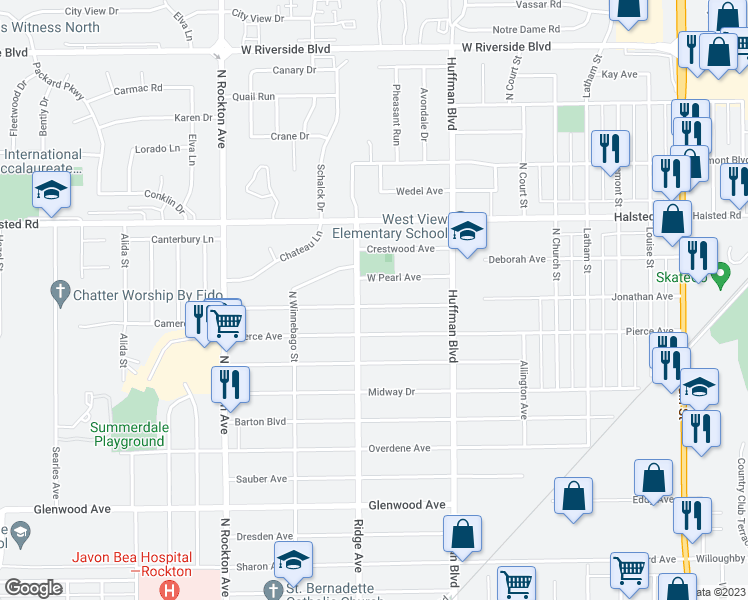 map of restaurants, bars, coffee shops, grocery stores, and more near 2015 Jonathan Avenue in Rockford