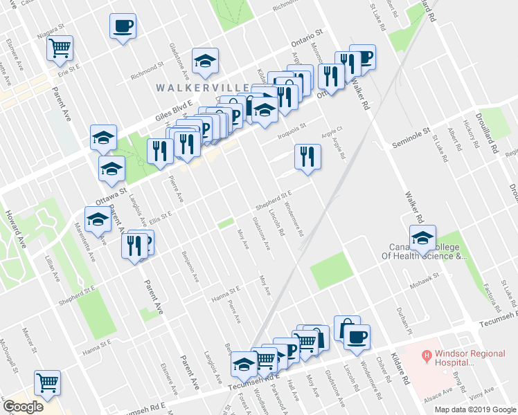 map of restaurants, bars, coffee shops, grocery stores, and more near 1066 Shepherd Street East in Windsor