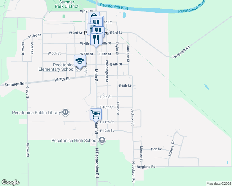 map of restaurants, bars, coffee shops, grocery stores, and more near 925 Taylor Street in Pecatonica