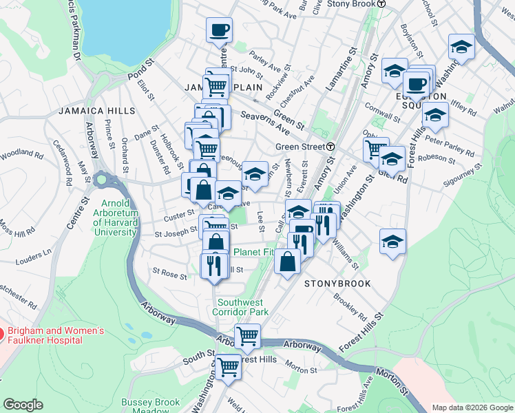 map of restaurants, bars, coffee shops, grocery stores, and more near 95 Carolina Avenue in Boston