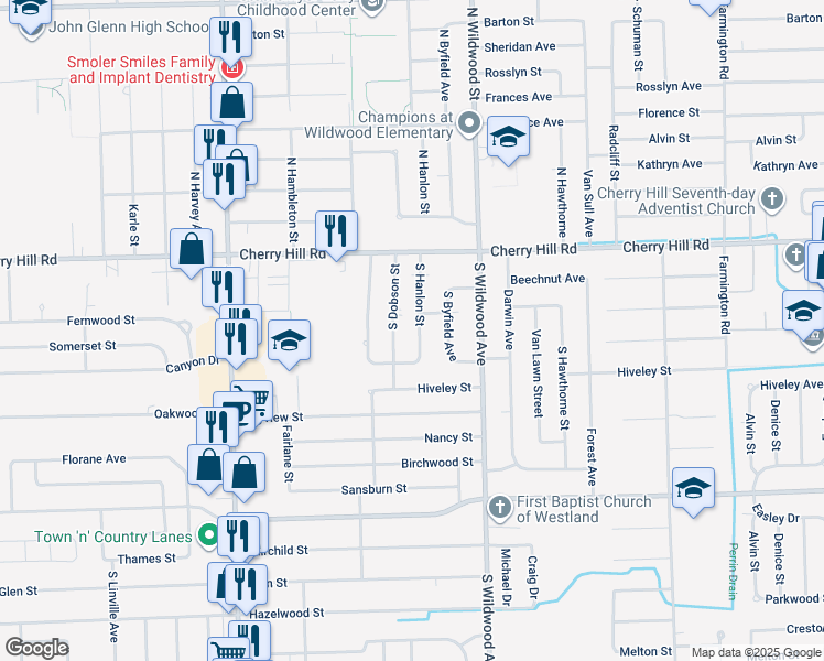 map of restaurants, bars, coffee shops, grocery stores, and more near 357 South Dobson Street in Westland