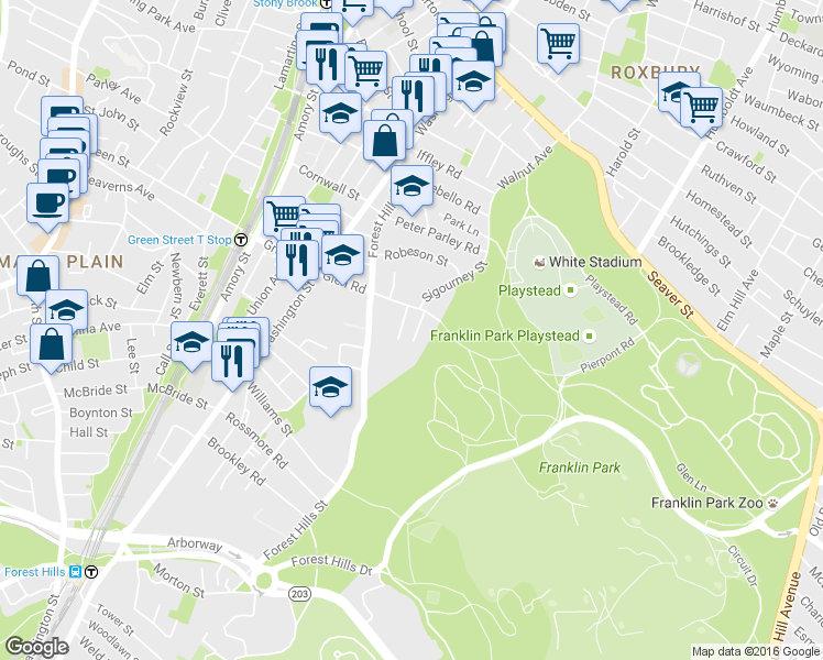map of restaurants, bars, coffee shops, grocery stores, and more near 16 Glenside Avenue in Boston