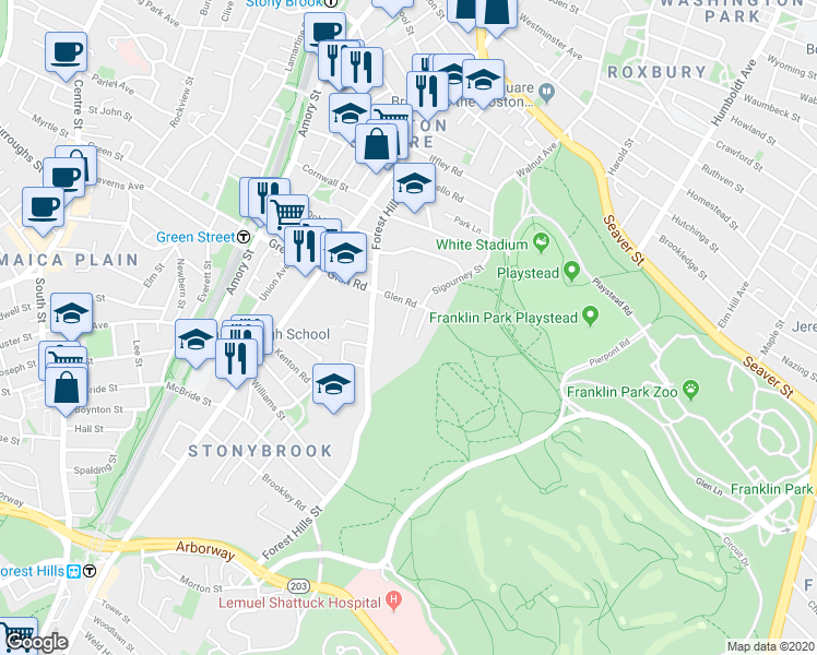 map of restaurants, bars, coffee shops, grocery stores, and more near 16 Glenside Avenue in Boston