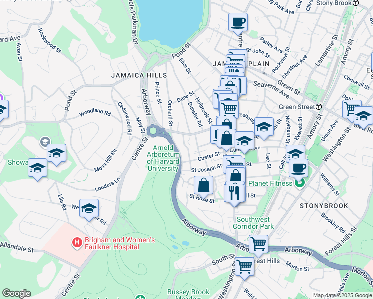 map of restaurants, bars, coffee shops, grocery stores, and more near 172 Arborway in Boston