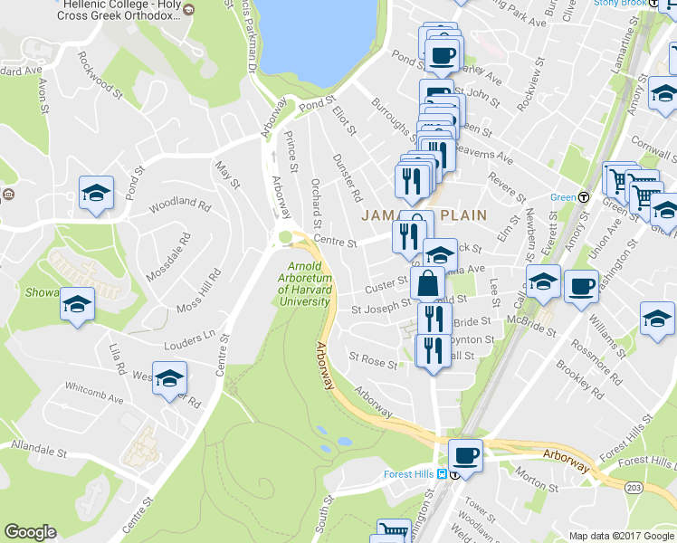 map of restaurants, bars, coffee shops, grocery stores, and more near 172 Arborway in Boston