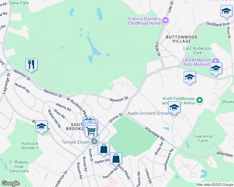 map of restaurants, bars, coffee shops, grocery stores, and more near 7 Benjamin Place in Brookline