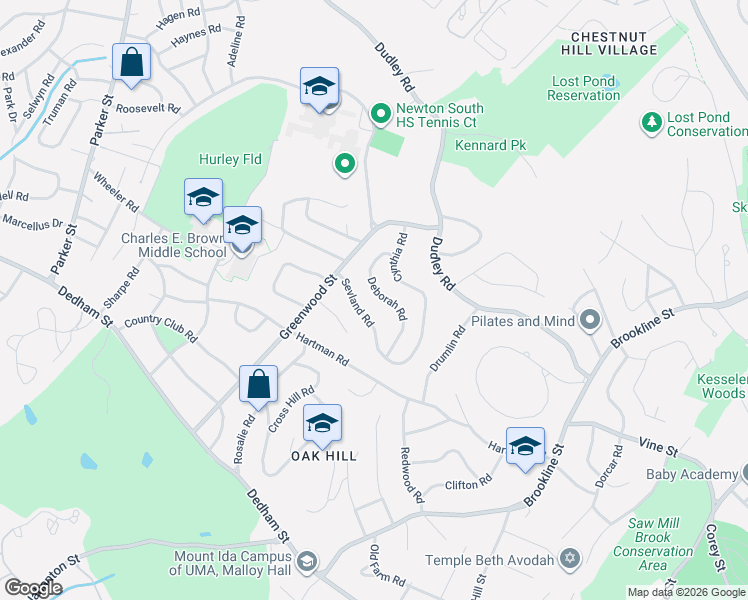 map of restaurants, bars, coffee shops, grocery stores, and more near 71 Deborah Road in Newton