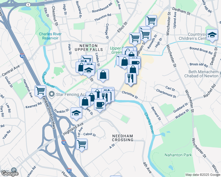 map of restaurants, bars, coffee shops, grocery stores, and more near in Newton