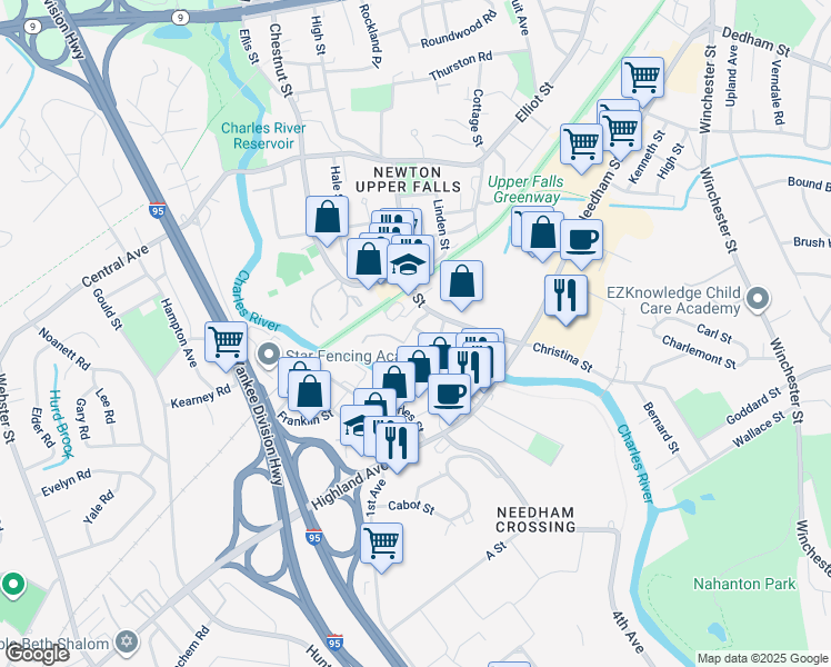 map of restaurants, bars, coffee shops, grocery stores, and more near 45 Butts Street in Newton