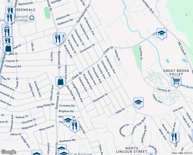 map of restaurants, bars, coffee shops, grocery stores, and more near 36 Pocasset Avenue in Worcester