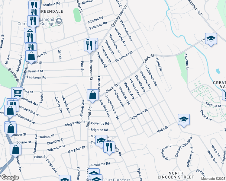 map of restaurants, bars, coffee shops, grocery stores, and more near 9 Calumet Avenue in Worcester