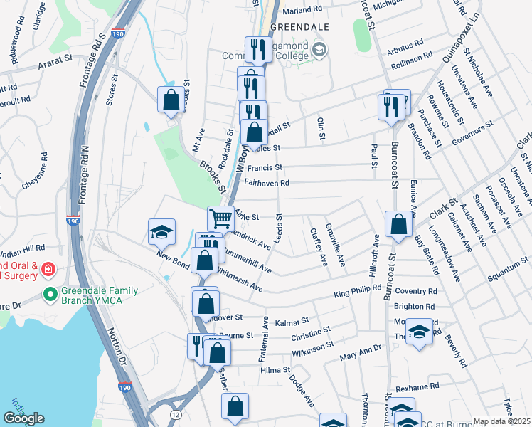 map of restaurants, bars, coffee shops, grocery stores, and more near 30 Airlie Street in Worcester