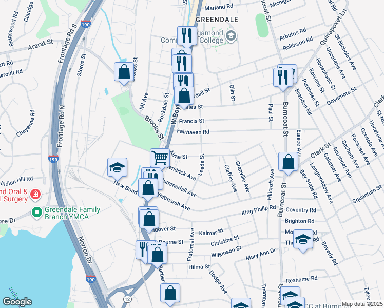 map of restaurants, bars, coffee shops, grocery stores, and more near 30 Airlie Street in Worcester
