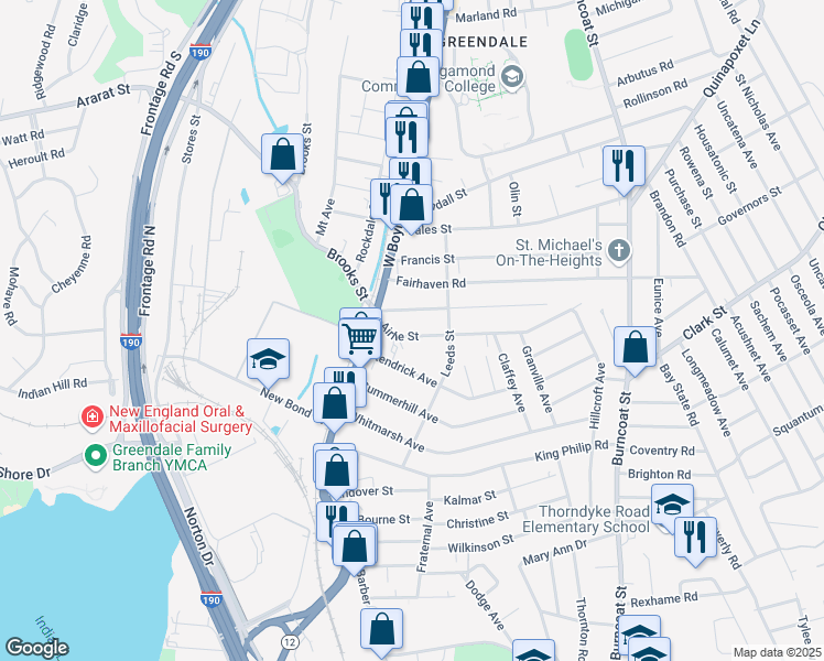map of restaurants, bars, coffee shops, grocery stores, and more near 30 Airlie Street in Worcester