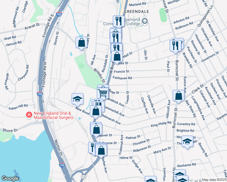 map of restaurants, bars, coffee shops, grocery stores, and more near 30 Airlie Street in Worcester