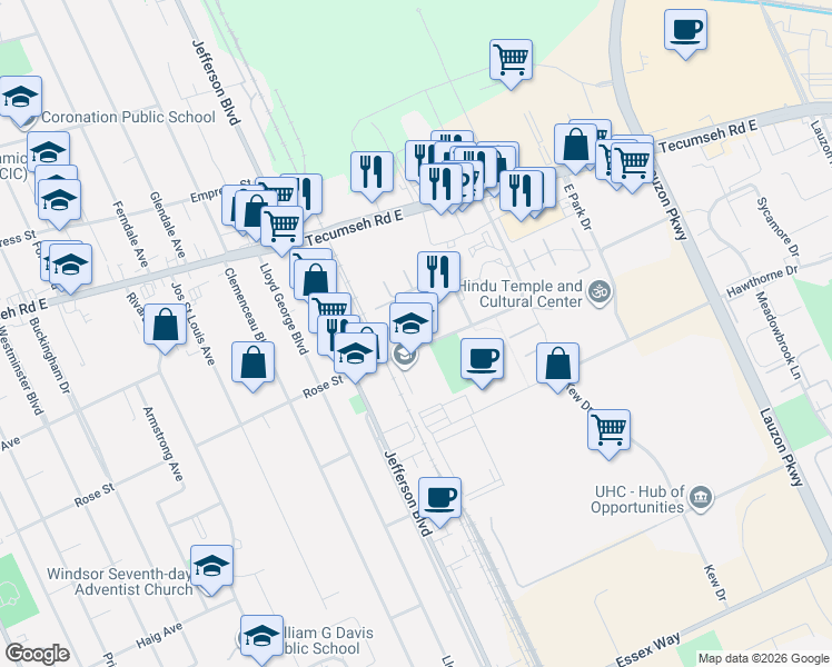 map of restaurants, bars, coffee shops, grocery stores, and more near 6265 Rose-Ville Garden Drive in Windsor