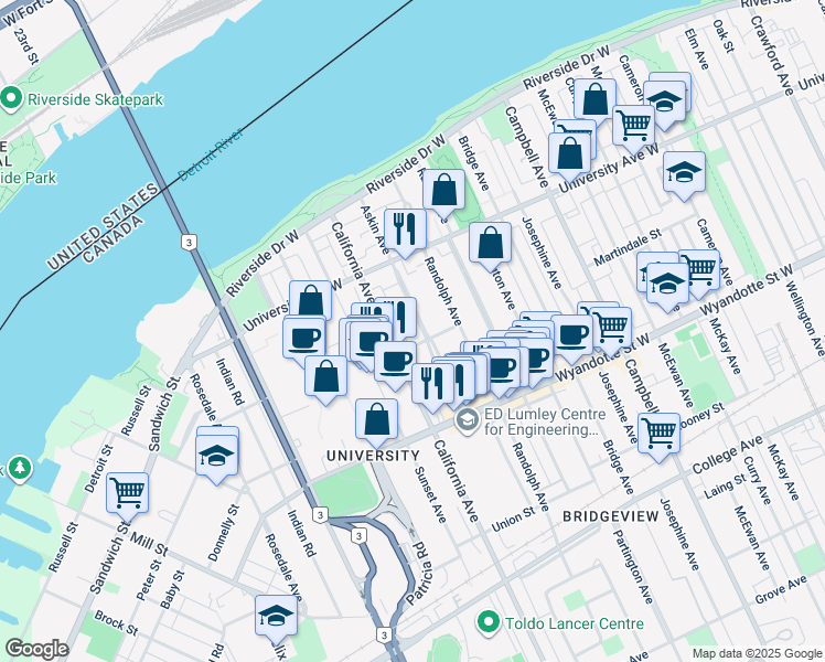 map of restaurants, bars, coffee shops, grocery stores, and more near 395 Askin Avenue in Windsor