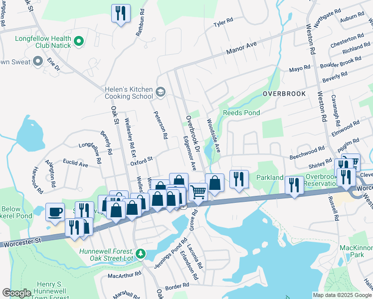 map of restaurants, bars, coffee shops, grocery stores, and more near 28 Edgemoor Avenue in Wellesley