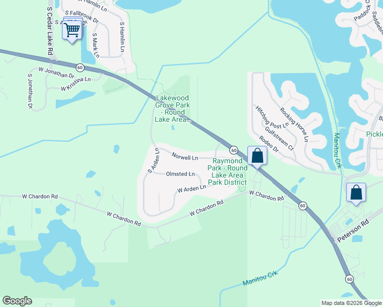 map of restaurants, bars, coffee shops, grocery stores, and more near 223 Norwell Lane in Round Lake
