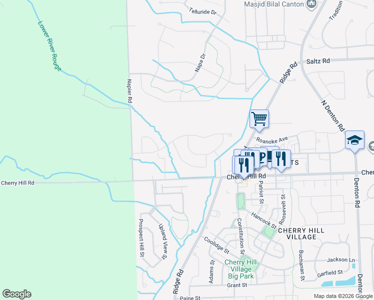 map of restaurants, bars, coffee shops, grocery stores, and more near 50837 Steed Drive in Canton