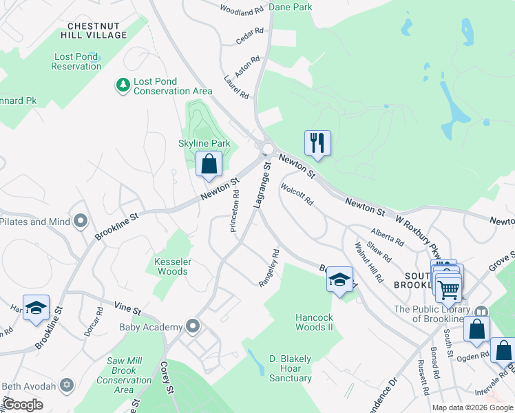 map of restaurants, bars, coffee shops, grocery stores, and more near 0 Beverly Road in Brookline