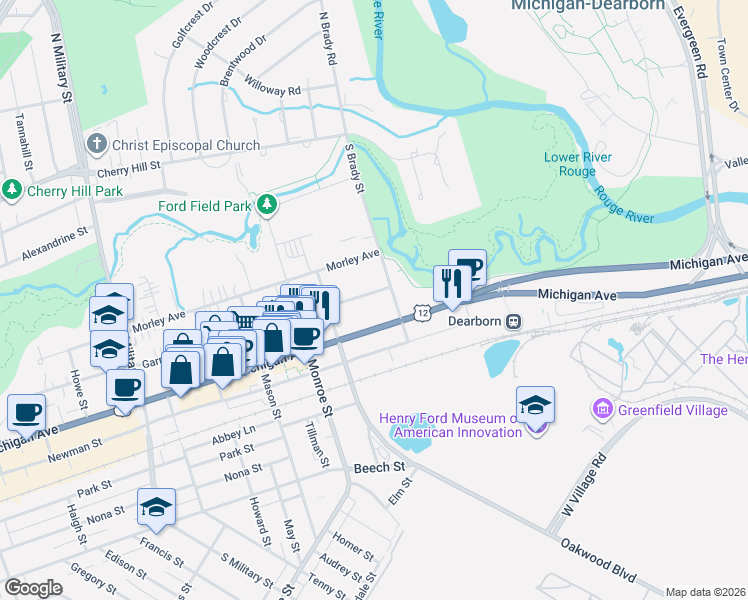 map of restaurants, bars, coffee shops, grocery stores, and more near 21539 Garrison Street in Dearborn