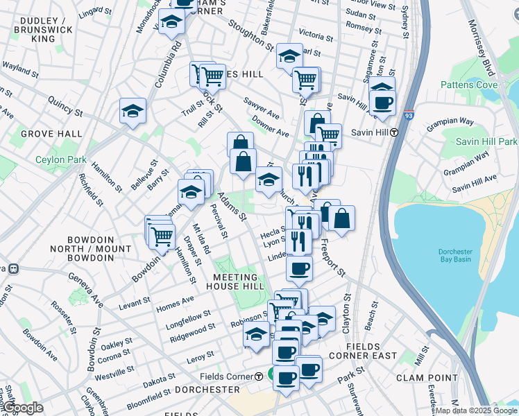 map of restaurants, bars, coffee shops, grocery stores, and more near 7 Parish Street in Boston